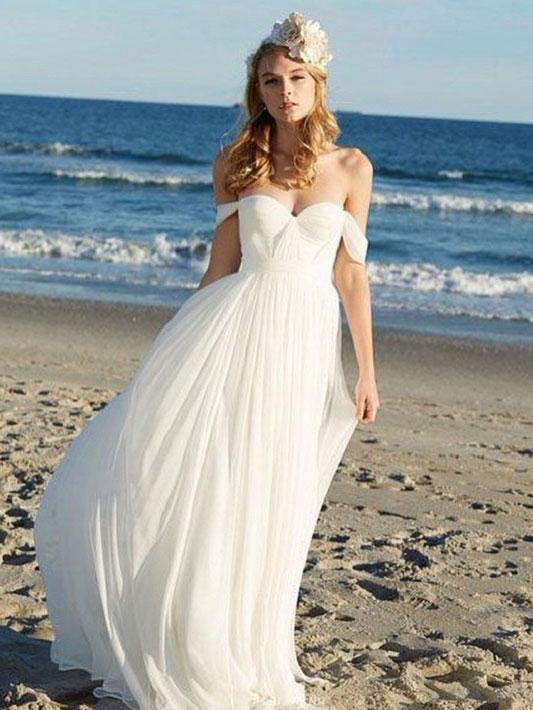 Off the Shoulder Sweetheart Chiffon Simple Long Beach Wedding Dresses, STZ312