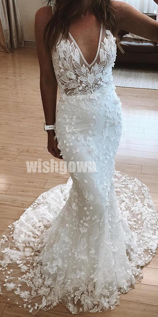 V-neck Mermaid Lace Applique Long Wedding Dresses YH1116