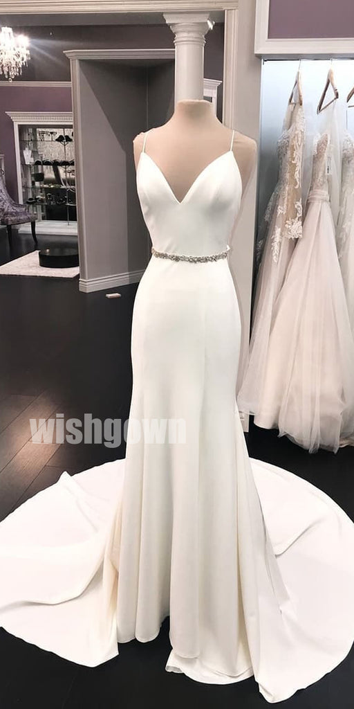 Spaghetti Strap Iovry Simple Long Wedding Dresses with Bow YH1117