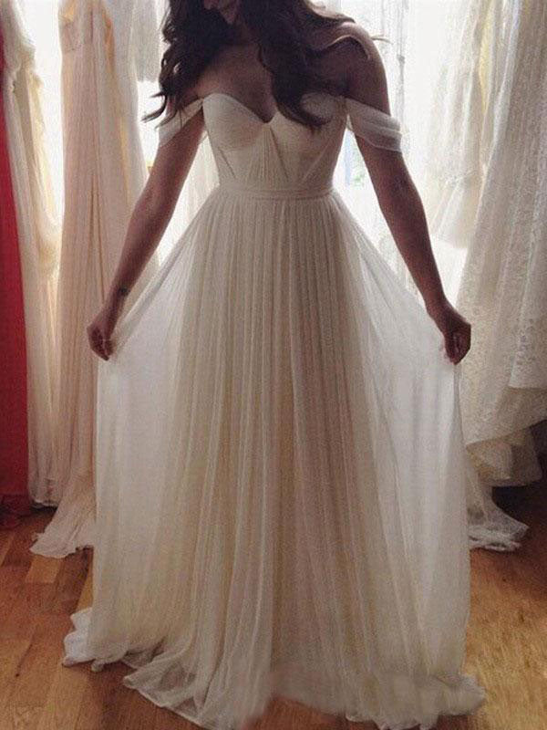 Off the Shoulder Sweetheart Chiffon Simple Long Beach Wedding Dresses, STZ312