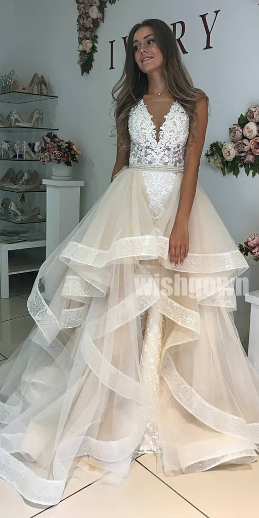 A-line Charming Lace Tulle Long Wedding Dresses YH1119