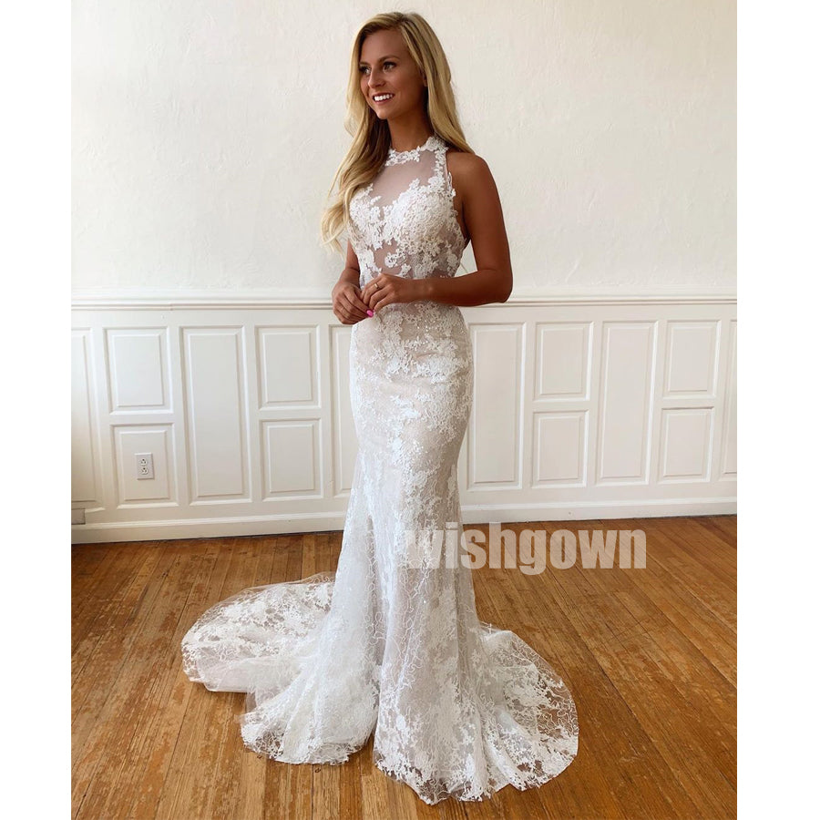 Halter Mermaid Lace Tulle Long Wedding Dresses YH1122