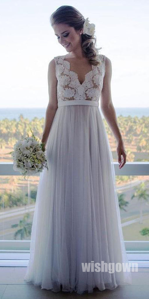 Simple A Line Lace Top Tulle Skirt Cheap Long Beach Wedding Dresses, STZ313