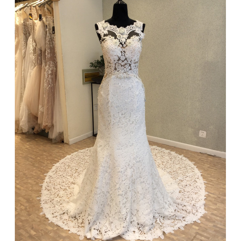 Memraid Open Back Lace Long Cheap Wedding Dress, WG689