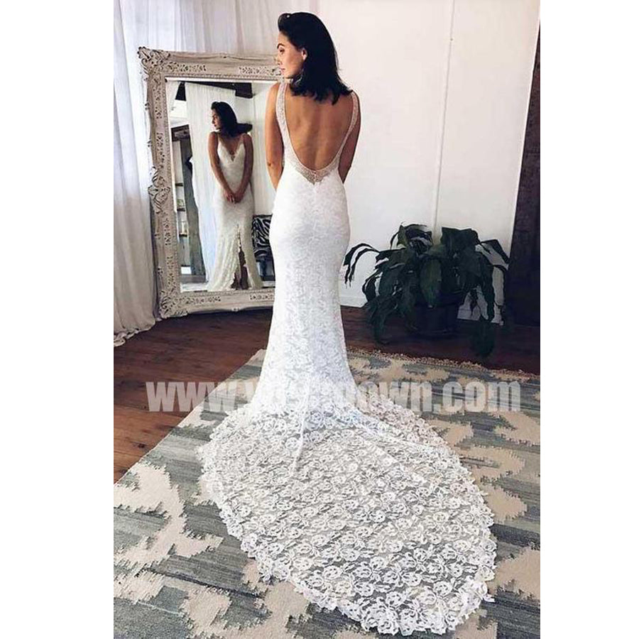 Open Back Mermaid Lace Split Elegant Inexpensive Long Wedding Dresses, BW158