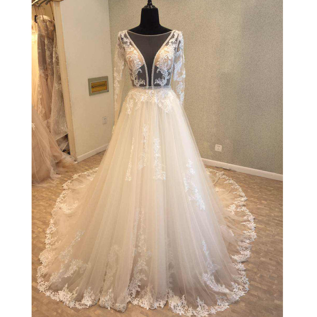 Beautiful Long Sleeves V Back Tulle Applique Affordable Long Wedding Dress, WG1204 - Wish Gown