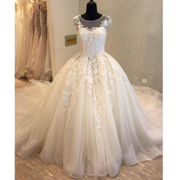 Cap Sleeve Charming Applique Tulle Long Wedding Dresses, WG1228 - Wish Gown