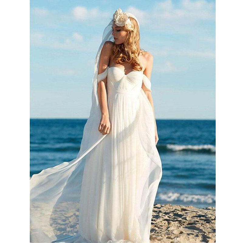 Off the Shoulder Sweetheart Chiffon Simple Long Beach Wedding Dresses, STZ312