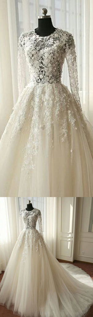 Charming Long Sleeves Tulle Applique Affordable Long Wedding Dresses, WG1246 - Wish Gown