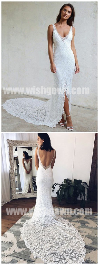 Open Back Mermaid Lace Split Elegant Inexpensive Long Wedding Dresses, BW158