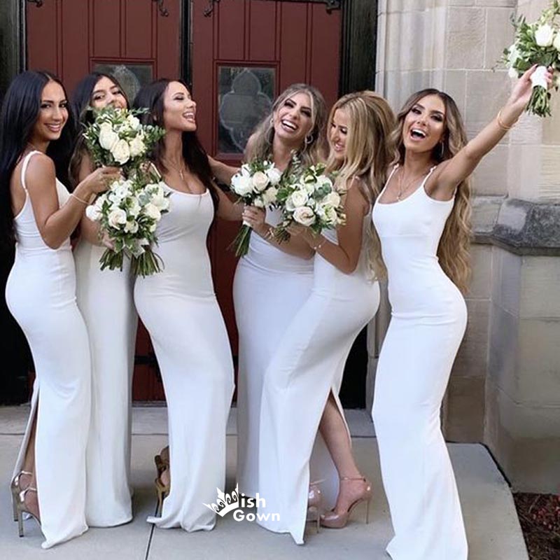 Sexy White Mermaid Spaghetti Straps With Slit Maxi Long Bridesmaid Dresses, WGM148